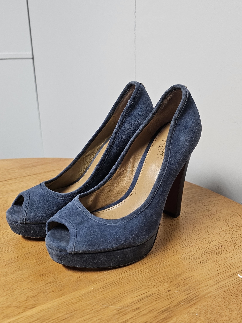Coach Denim Medium Blue Platform Chunky Heels Suede Y2K Leather Women's Size 7